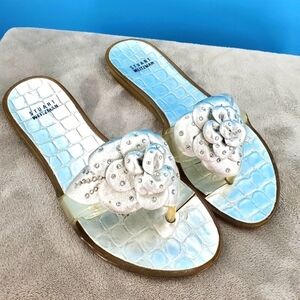 Stuart Weitzman silver flat slide sandals rose accent